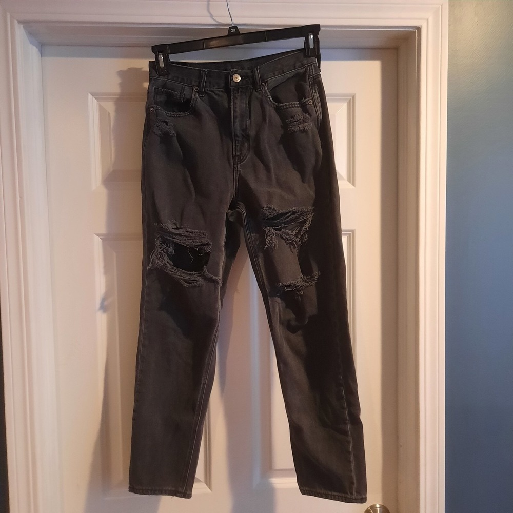 American Eagle Mom Jeans Womens 6 Faded Black Gray‎ High Rise Destroyed